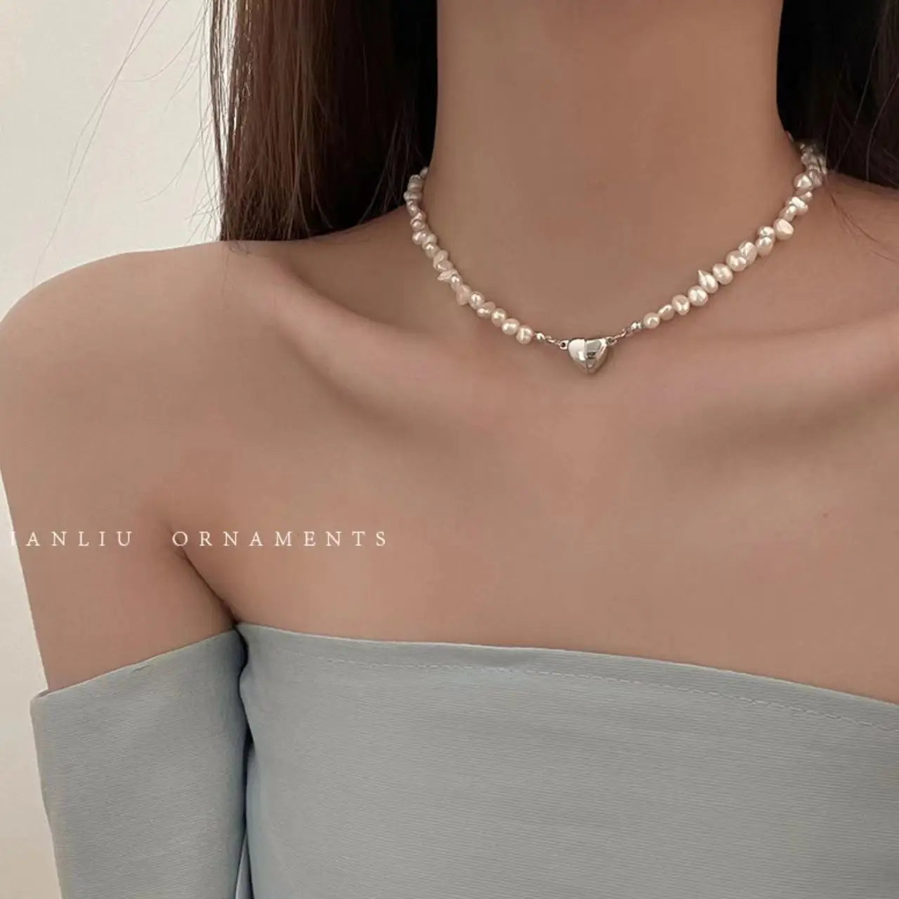 Korean Pearl Chain Choker Necklace Magnetic Heart Pendant for Women Girls 2024 Fashion Jewelry Bridal Engagement Wedding Gifts