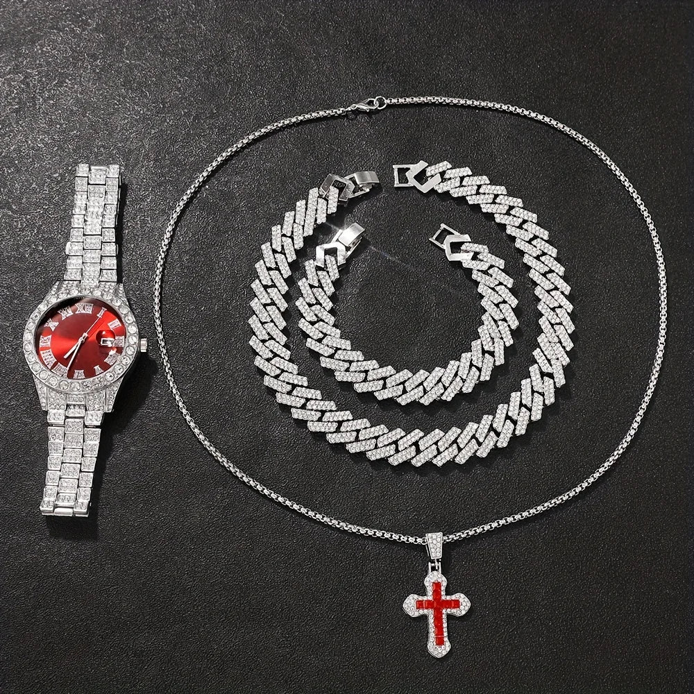 4Pcs/Set Personalized Handsome Hip Hop Men's Quartz Watch Set, 1Pcs Watch+3Pcs Jewelry Set, Fashionable Men's Selected Watch Set