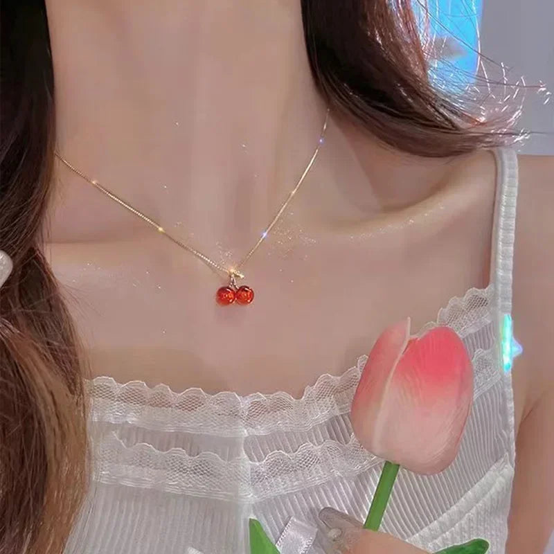 Red Cherry Pendant Necklace Stud Earrings Set Women's Fashion Fruit Necklace Earrings Jewery Set For Party Wedding Girls Gifts