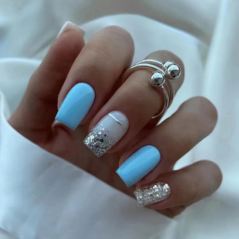 24Pcs Long Coffin Press on Nail Autumn Winter False Nails Glitter Diamond Stick on Nails French Ombre Full Cover Ballet Nail Art