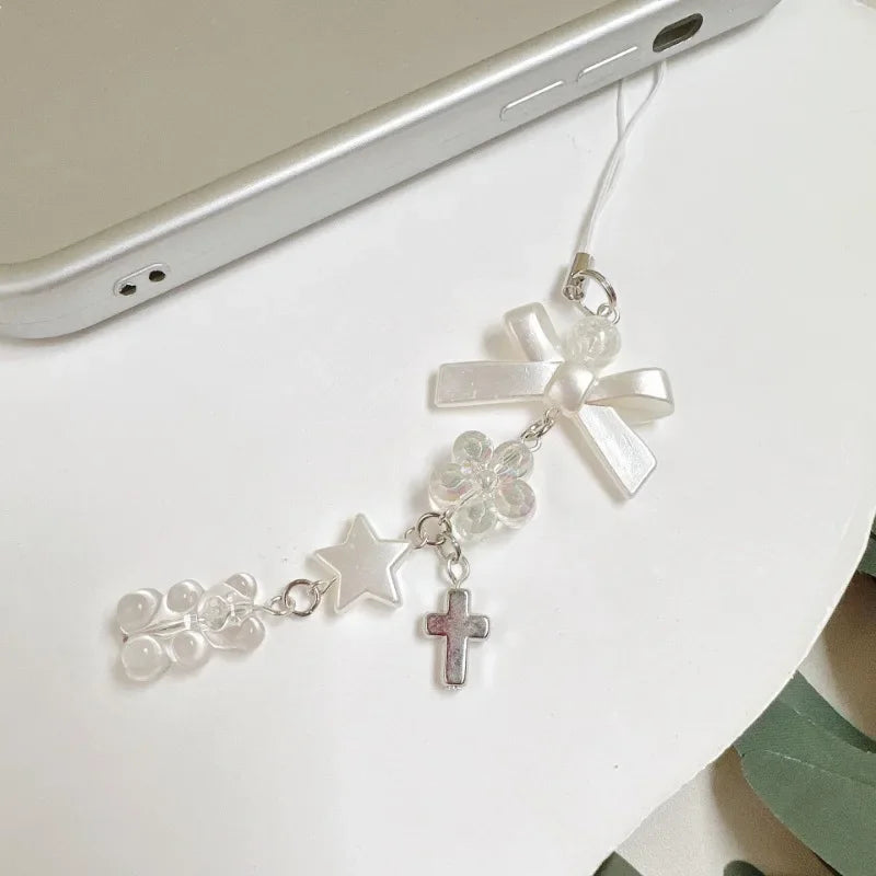 Candy Color Pearl Bowknot Phone Chain Sweet Bear Heart Pendant Earphone Case Anti-Lost Lanyard Bag Decor