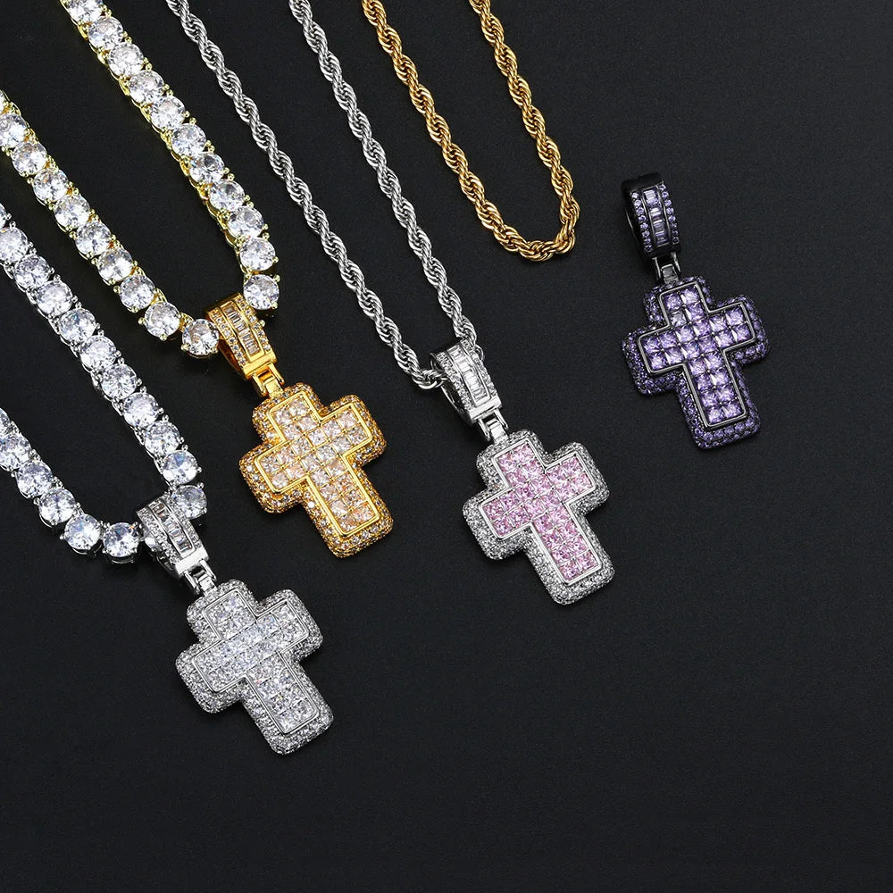 Hiphop Luxury Inlaid CZ Cross Pendant Rope Chain Necklaces for Men Women Punk Personality Rapper Accessory Fashion Neck Jewelry