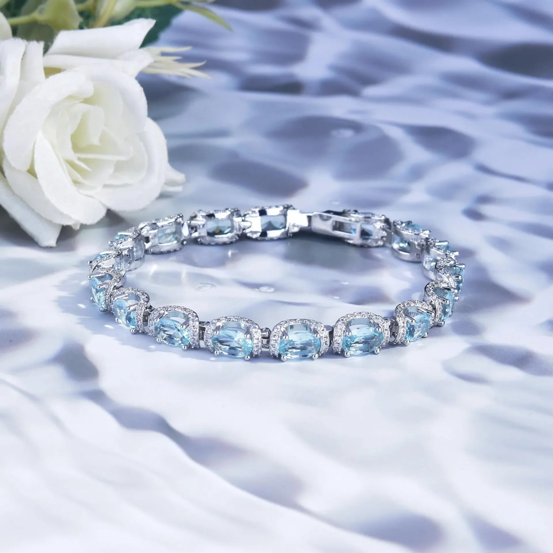 Fashion Jewelry Set for Women Round Aquamarine Bracelet Ring Sets Zircon Bridal Decoration Accessory Banquet Luxury Chain Gifts