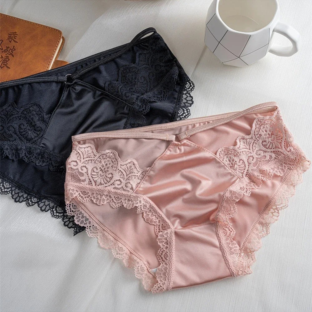 High-quality Satin Panties Soild Color Breathable Underwear Women French Sexy Lace Bow Lingerie Mid-waist Thin Mesh Briefs 도매