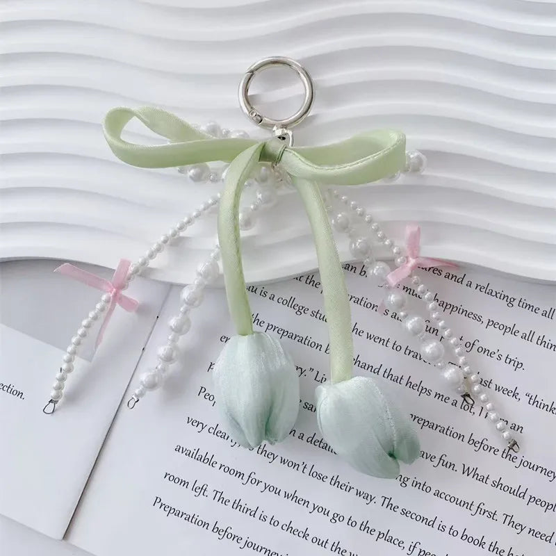 Blue Pink Lattice Ribbon Keychains Bowknot Pearls Heart Bag Pendant Elegant Beaded Keyring Y2k Sweet Korea Jewelry Accessories