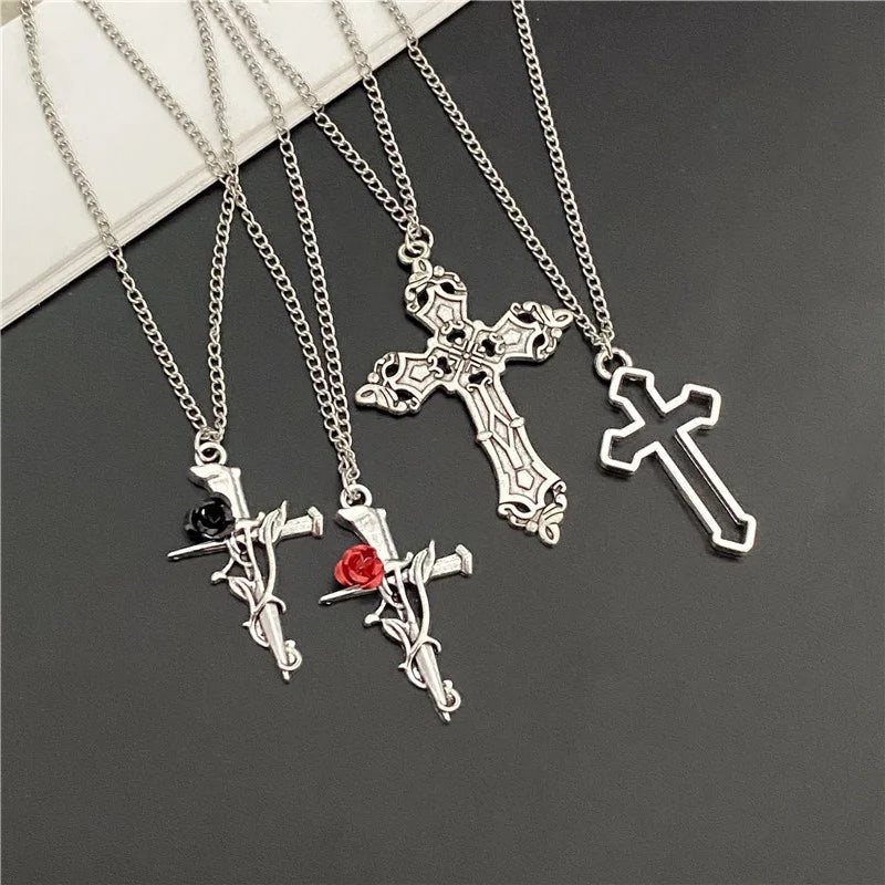 Punkl Big Cross Pendant Necklaces for Women Men Gothic Irregular Cross Clavicle Chain Necklaces Aesthetic Jewelry