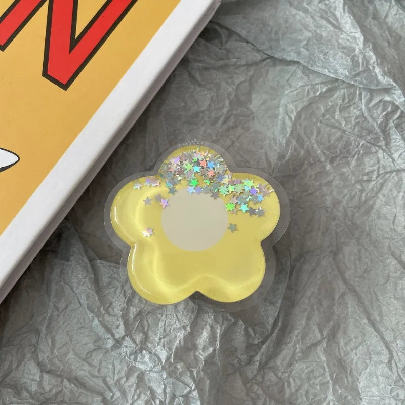 Cartoon Glitter Flowers Liquid Quicksand Phone Grip Stand Holder For iPhone Samsung Huawei Xiaomi Universal Finger Ring Bracket