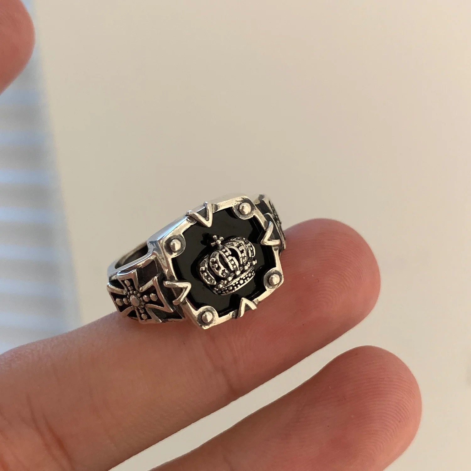 Best Sellers! Retro S925 Thai Silver, Crown Hip Hop Heavy Industry Dark Open Ring