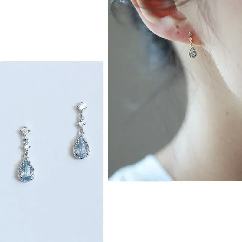 Silver Color Blue Crystal Pendant Earrings Simple Fashion Holiday Jewelry Sweet Romantic Gift
