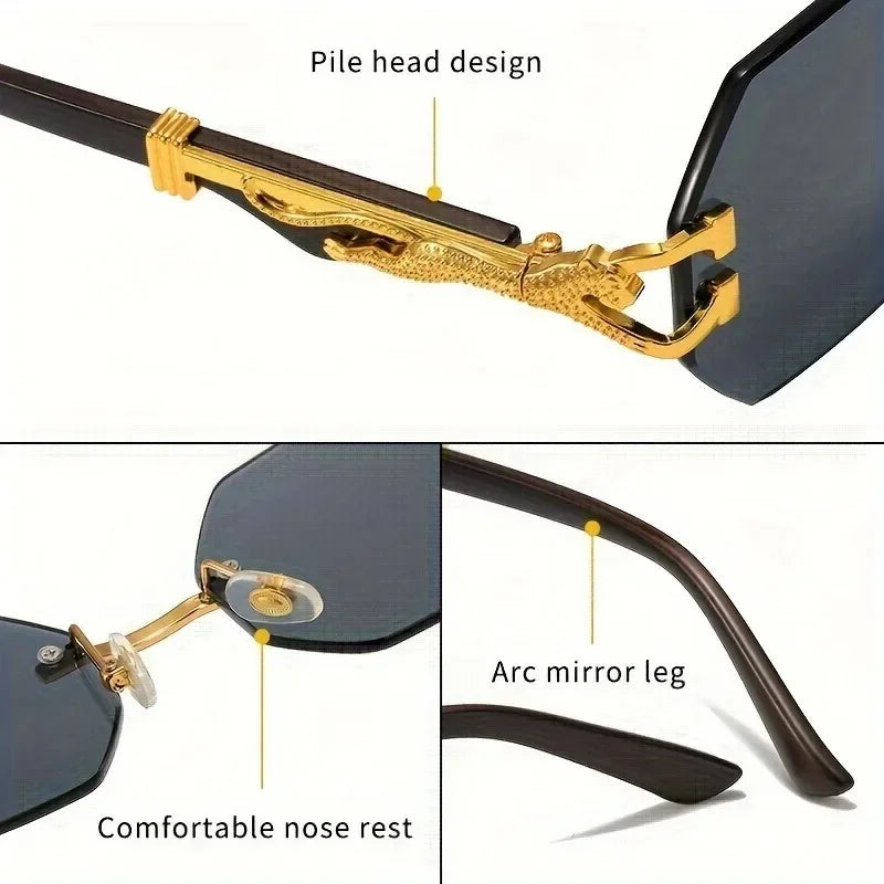 Vintage Rimless Polygonal Metal Frame Sunglasses with Leopard DesignTemples Unisex Outdoor Party Vacation Travel Driving Photo