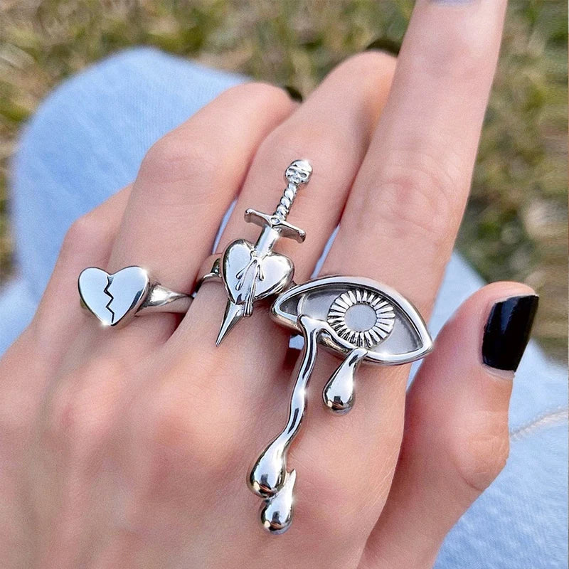 6Pcs/Set Vintage Silver Color Skeleton Skull Rings Set For Men Women Punk Gothic Metal Geometric Knuckle Ring Jewelry Anillos