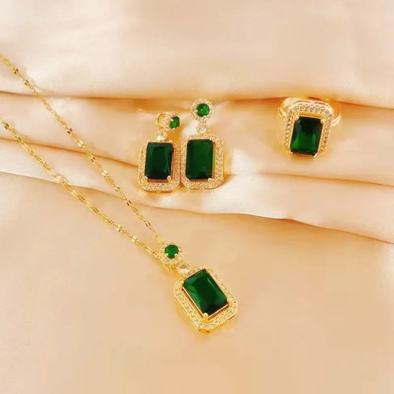 Exquisite Fashion Emerald Perfume Bottle Necklace Earrings Ring 3 Piece Set Classic Banquet Wedding Jewelry Set Birthday Gift