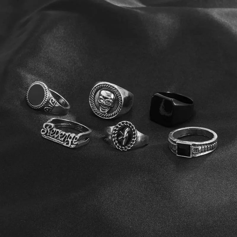 6Pcs/Set Vintage Silver Color Skeleton Skull Rings Set For Men Women Punk Gothic Metal Geometric Knuckle Ring Jewelry Anillos
