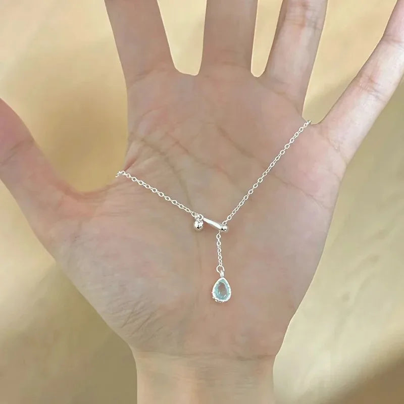 Fashion Blue Zircon Water Drop Shape Necklace Simple Style Charm Ladies Pendant Choker Gift Korean Trend Jewelry 도매