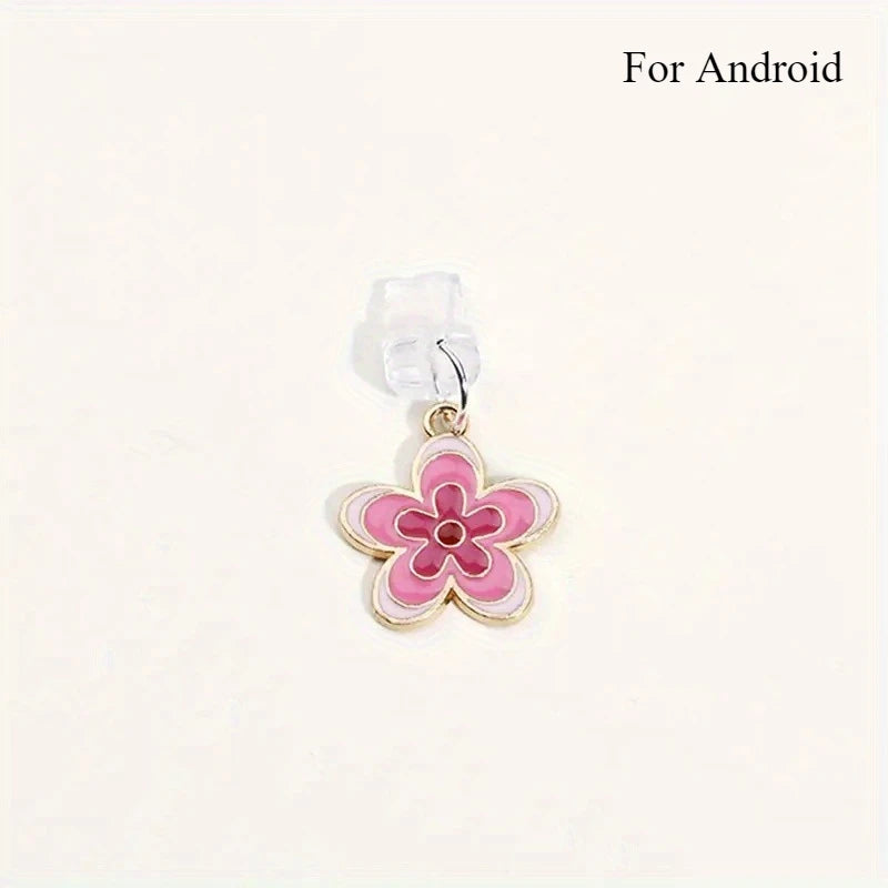 Pink flowers Phone Charging Port Anti-Dust Plug For Apple iPhone Samsung USB Type C Android Port Protector Lossproof Dustplugs
