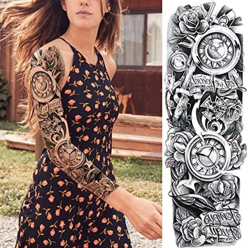 Waterproof Temporary Tattoo Sticker Large Size Tattoo for Men Sleeve Clock Fake Tattoo for Women Girl Full Arm Tattoo Fake