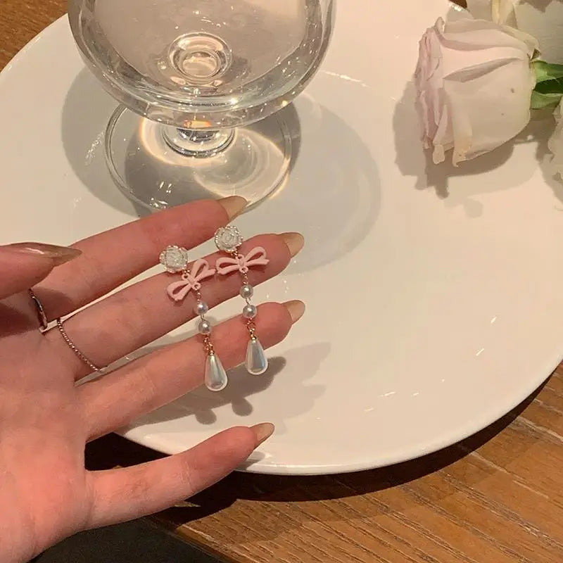 Fashion French Lovely Elegant Earring Vintage Mini Luxury Bow Heart Ear Stud Korean Style Pearl Earrings Women Drop Earrings