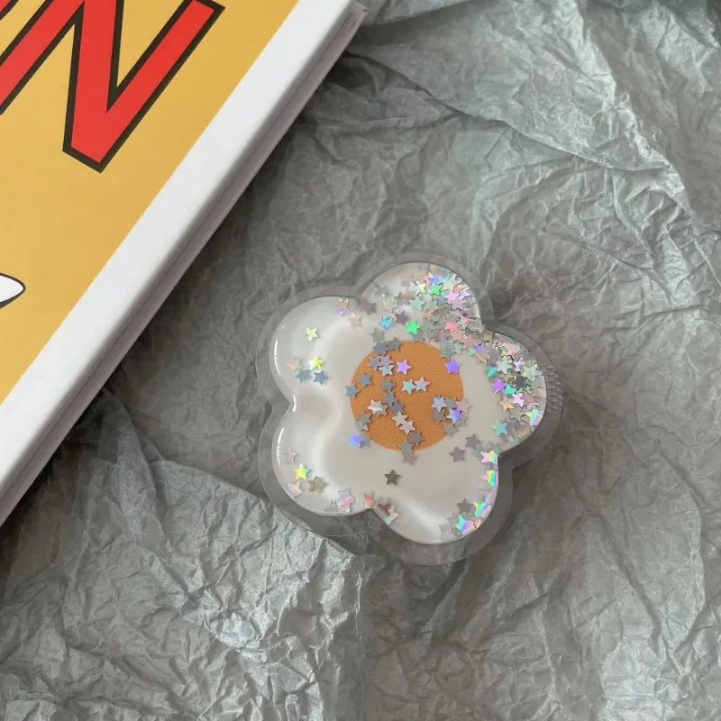 Cartoon Glitter Flowers Liquid Quicksand Phone Grip Stand Holder For iPhone Samsung Huawei Xiaomi Universal Finger Ring Bracket