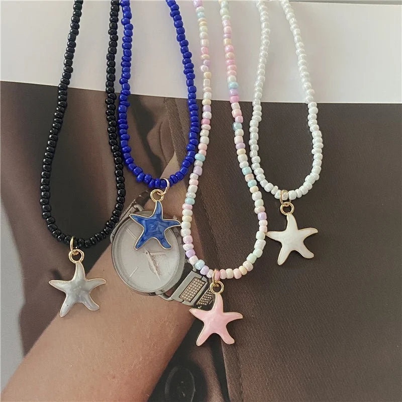 4 Colors Fashion Starfish Choker Necklace for Men Women White Black Blue Colorful Rice Beads Gift for Friend  Short Collar