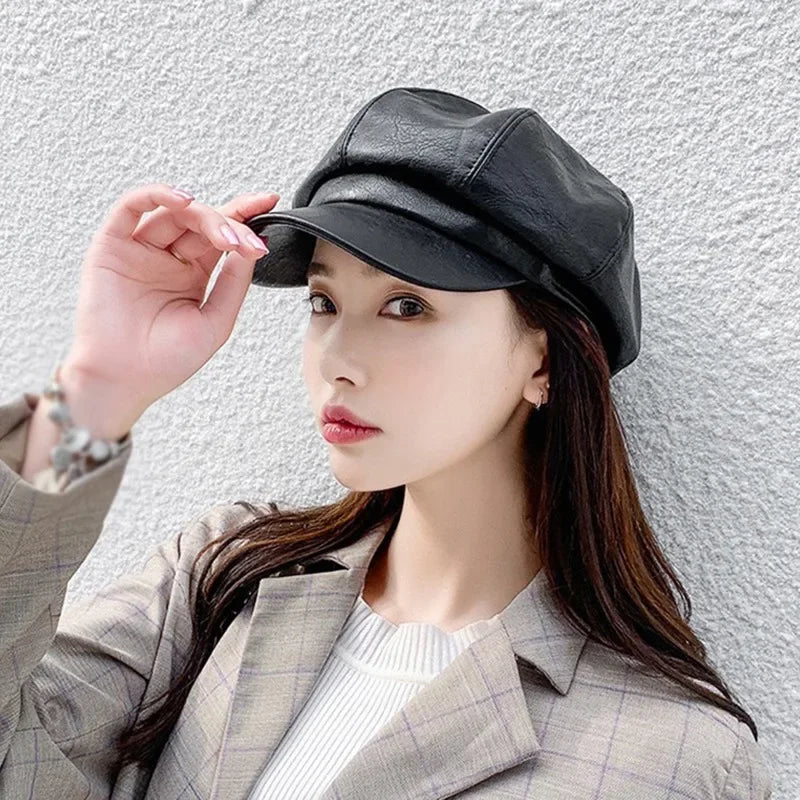 8 Panels Newsboy Caps for Women PU Leather Cabbie Painter Hat Gatsby Ivy Beret Cap