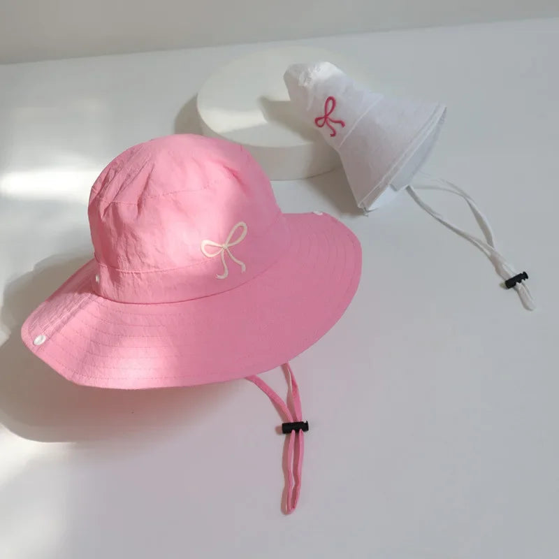 Fashion Bow Embroidery Quick Dry Bucket Hat Summer Hiking Camping Caps Wide Brim Fordable Sunscreen Y2K Hats Girl Women