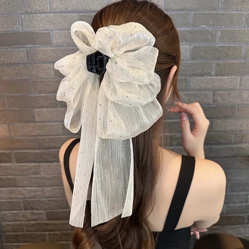 Large Pearl Bow Hair Claw Clip Sweet Elegant Hairpins Women Ponytail Hair Crab Clips Girls Mesh Ribbon Non-slip Hair Accessories