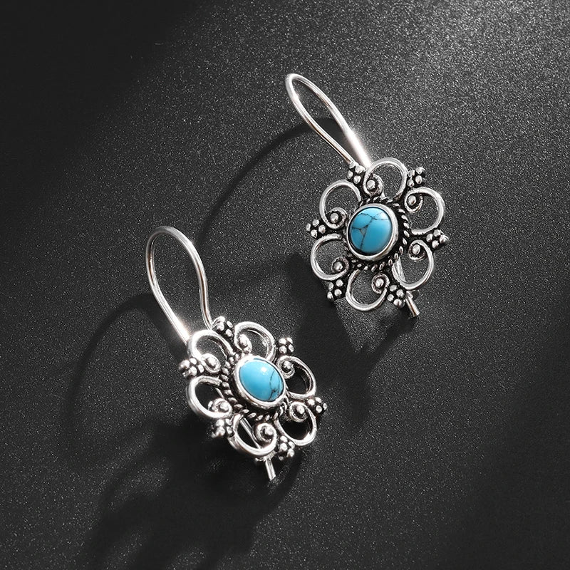 Beautifully Inlaid Blue Turquoise Flower Hypoallergenic Earrings for Women Stylish Elegant Banquet Jewelry