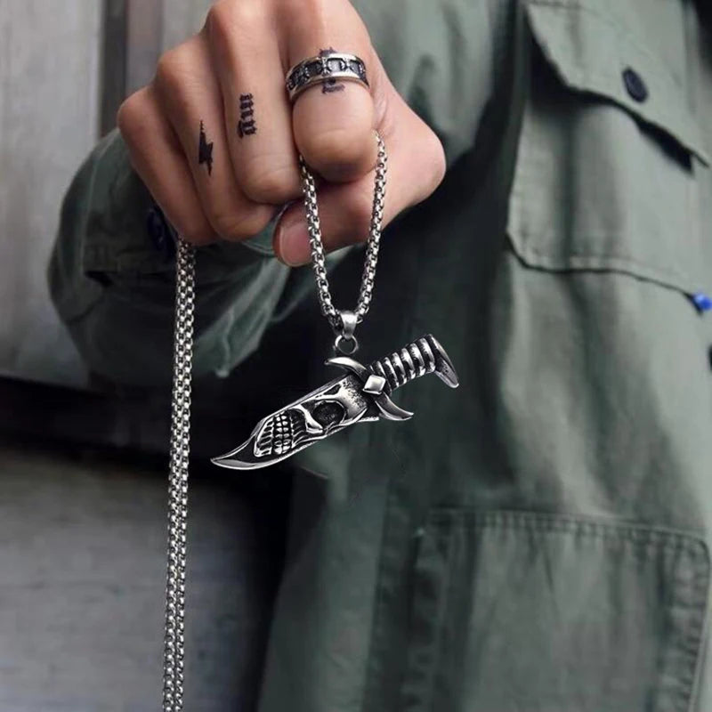 Men's Necklace Stainless Steel Dagger Skull Pendant Vintage hip-hop Jewelry Silver Color Male Neck Chain Punk Jewelry Wholesale