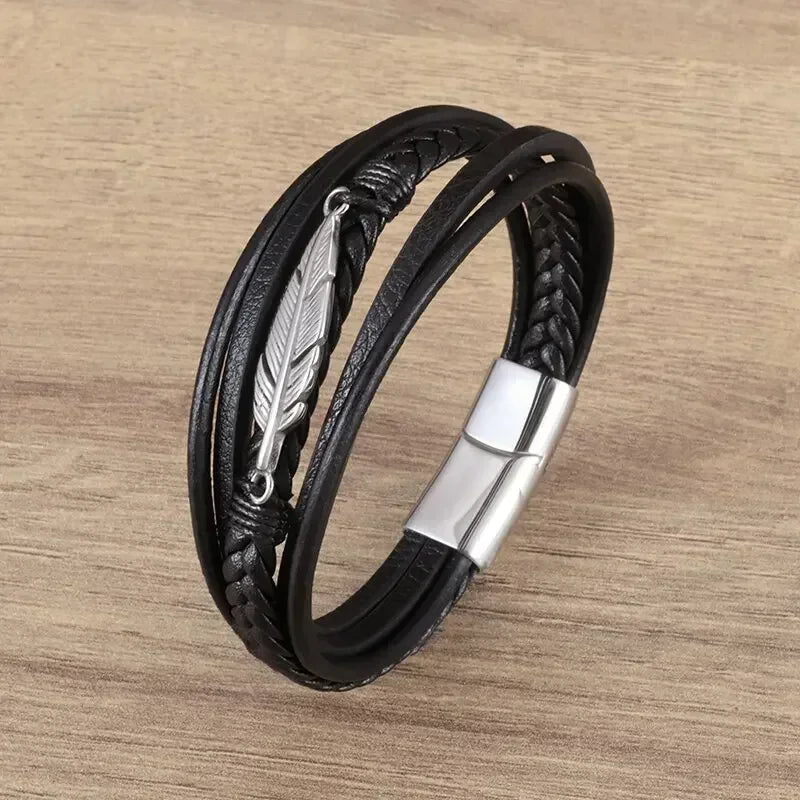 Classic Vintage Magnetic Buckle X Pendant Black Leather Bracelet, Suitable for Men\\\\\\'s Fashion Casual Rock Jewelry