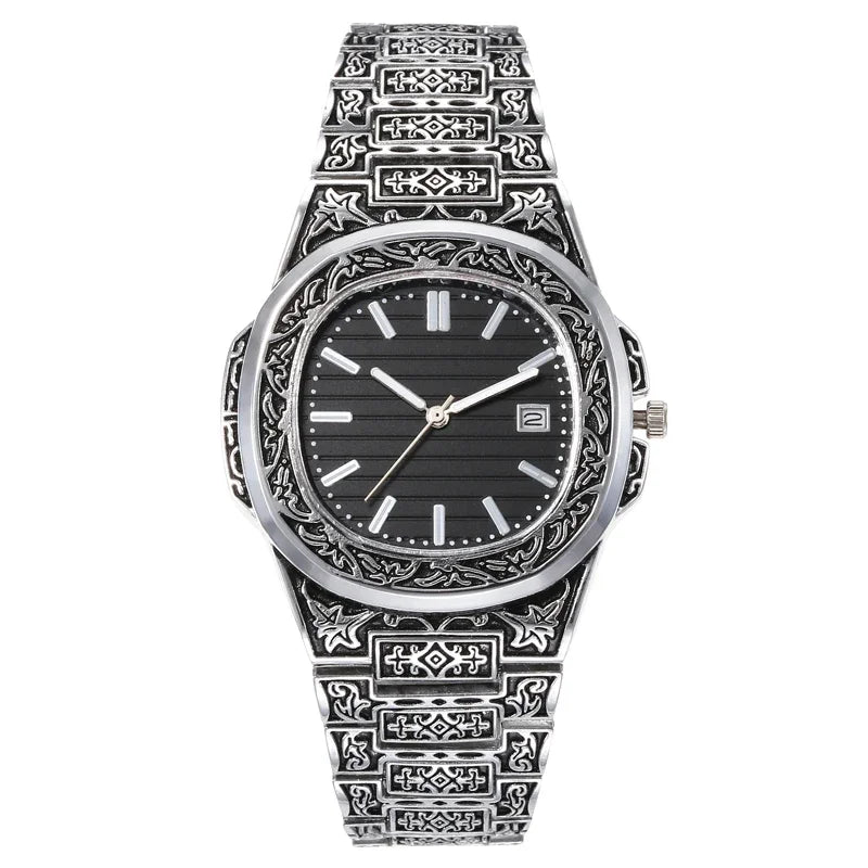 Fashion Luxury Brand High Quality Men Quartz Watches Vintage Flower Pattern Carving Wristwatch Full Stainless Steel Relogio Saat