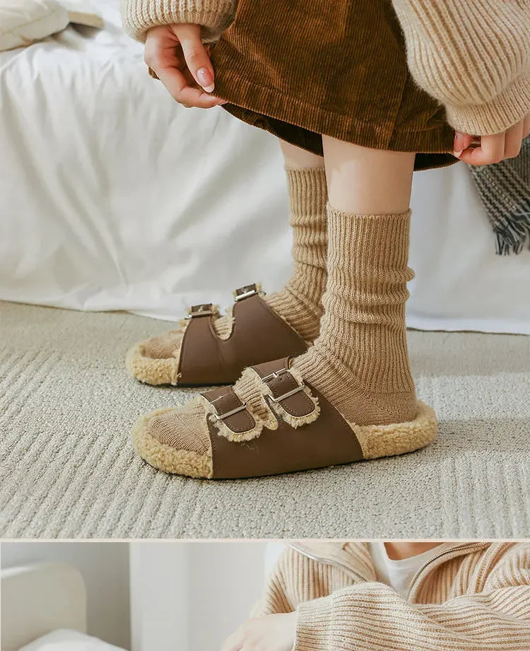 Winter Cashmere Wool Woman Socks Solid Cream Color Harajuku Retro Long Socks Women Girls Thermal Crew Sock Calcetines Mujer New