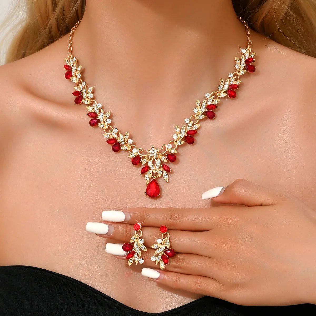 3PC Elegant Jewelry Set High-quality Women'sTrendy Chain Series Leaf Droplet Necklace Earrings Wedding Banquet Party Gift 도매