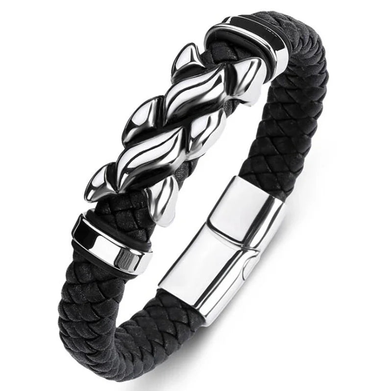 Men\\\\'s Classic Black Leather Bracelet Metal Magnetic Buckle Fashion Bracelet Jewelry Casual Daily All-Match Jewelry