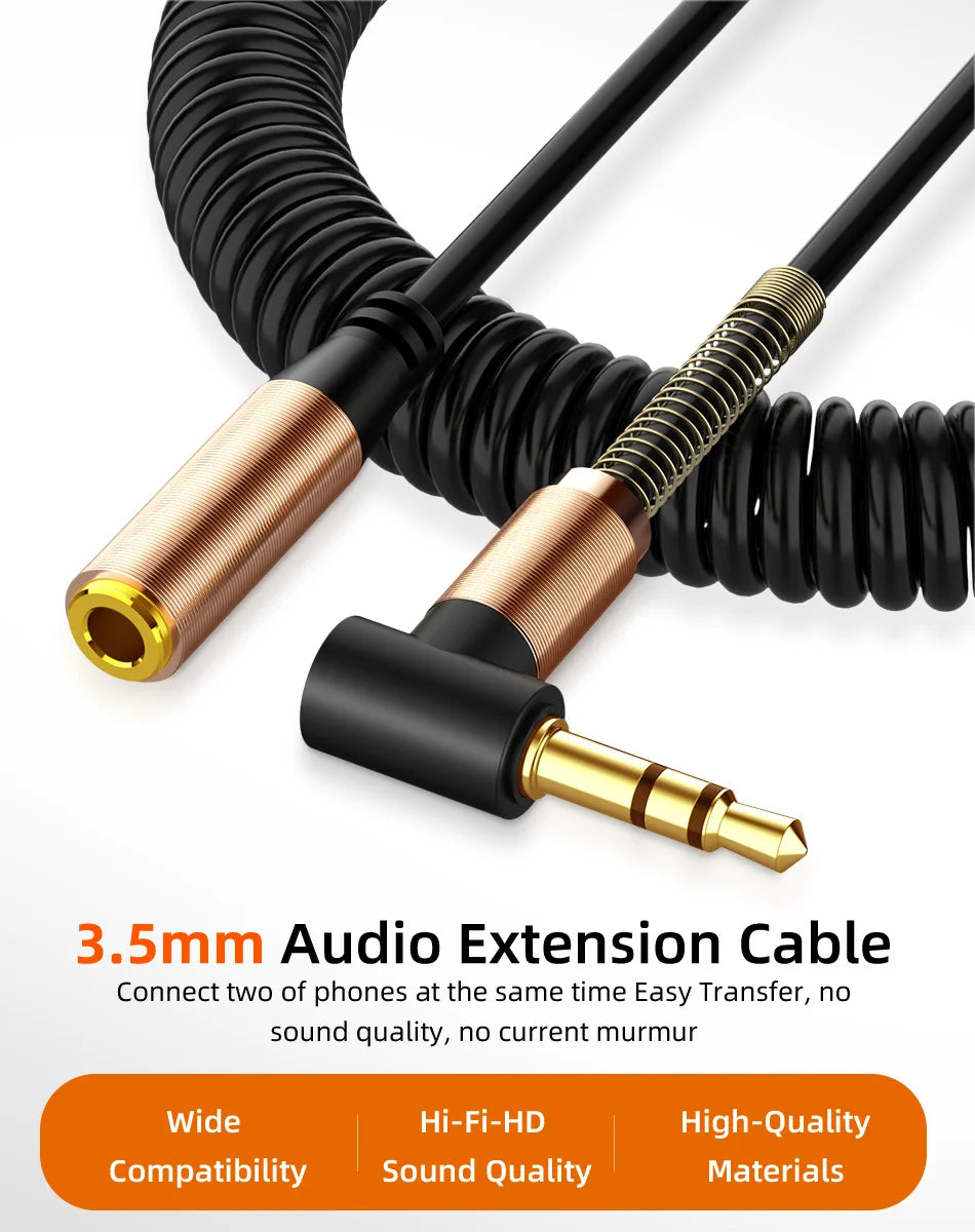 Elbow Spring 3.5mm AUX Audio Extension Cable 3.5 Jack male to Female Audio Extender Cable Retractable Cable