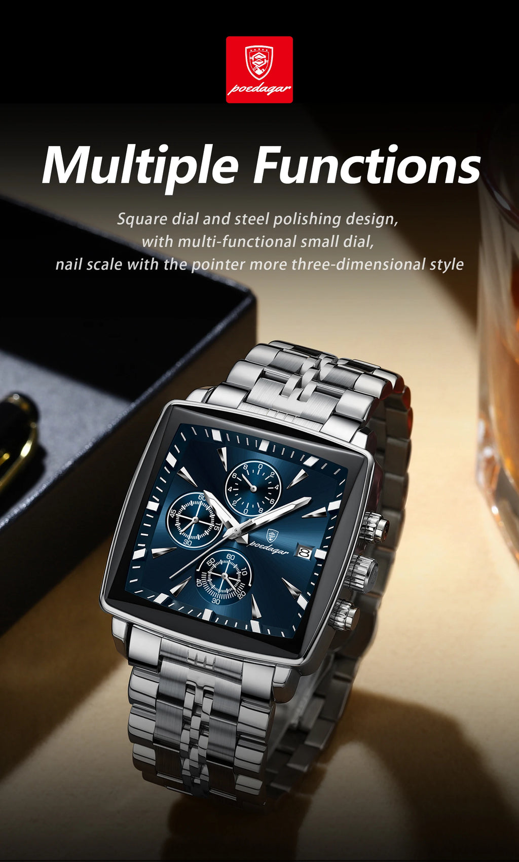 POEDAGAR Square Men Watch Waterproof Luminous Chronograph Calendar Man Wristwatch Stainless Steel Quartz Men's Watches+Box Reloj
