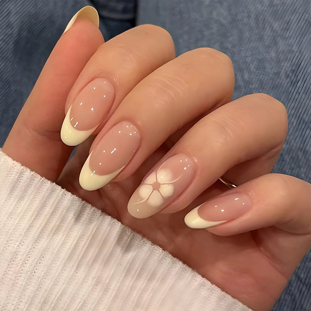 24pcs Simple Almond False Nails Sets Blush Design Press on Nails Art Datachable Short Oval Fake Nail with Jelly Glue Manicure