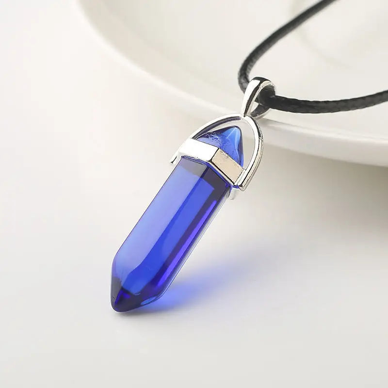 Natural Stone Pendant Necklace Ladies Girls Gift PU Leather Hexagonal Pillar Pointed Jewelry