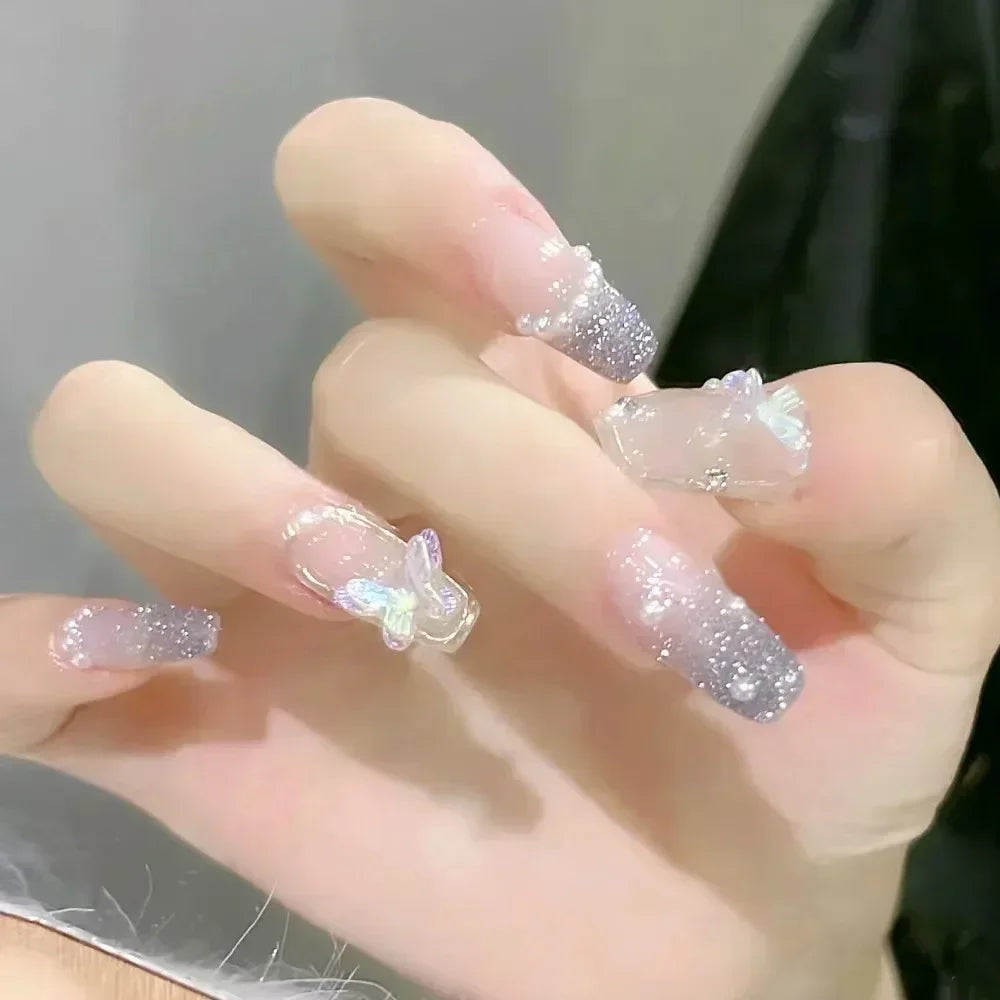 24pcs Detachable butterfly designs artifical nails with glue Ballet fake nails set press on ins simple summer hot false nails