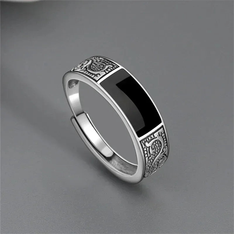 Trendy Vintage 925 Silver Ring for Men Jewelry Black Rectangle Retro Dragon Pattern Ring Male Rings Adjustable