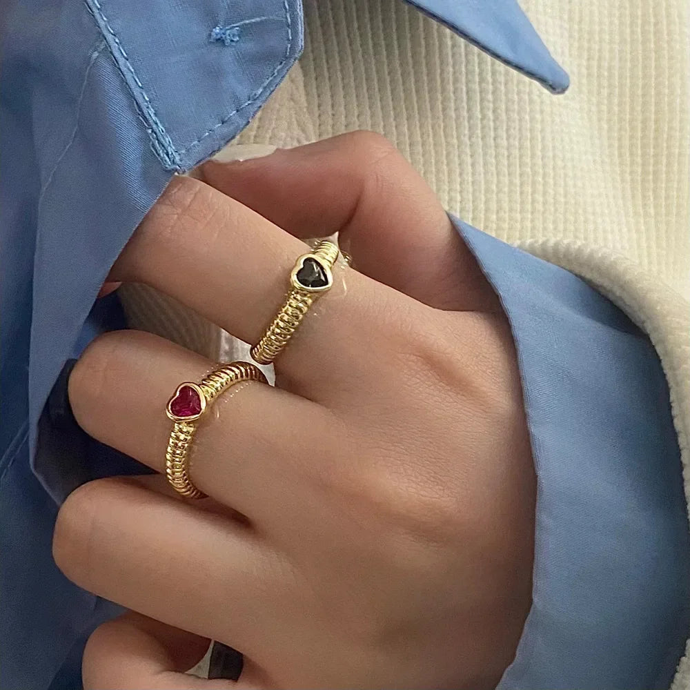 Silver Colorful Zircon Heart Rings for Women Cute Fine Jewelry Minimalist Adjustable Accessories Gift