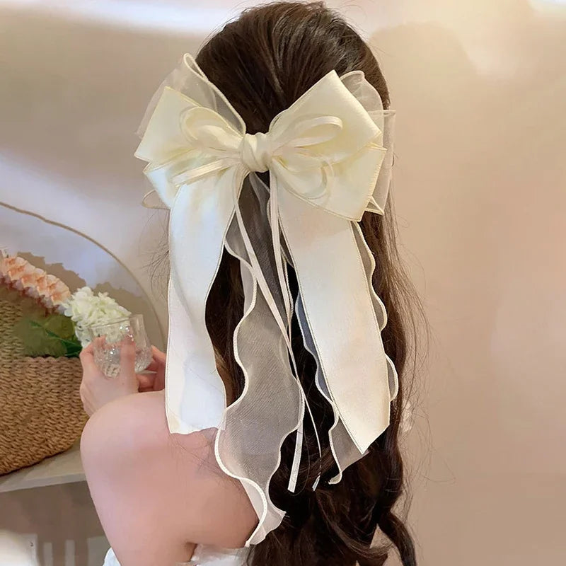 Pink Mesh Big Bow Hair Clip For Women Simple Ribbon Girls Elegant Spring Clip Headwear Korean Style Cute Bowknot Ponytail