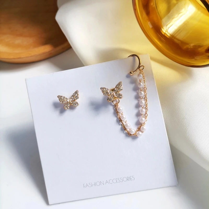 Korean Rhinestone Butterfly Stud Earrings For Women Girls Cute Fashion Metal Cuff Chain Tassel Boucle D'oreille Jewelry