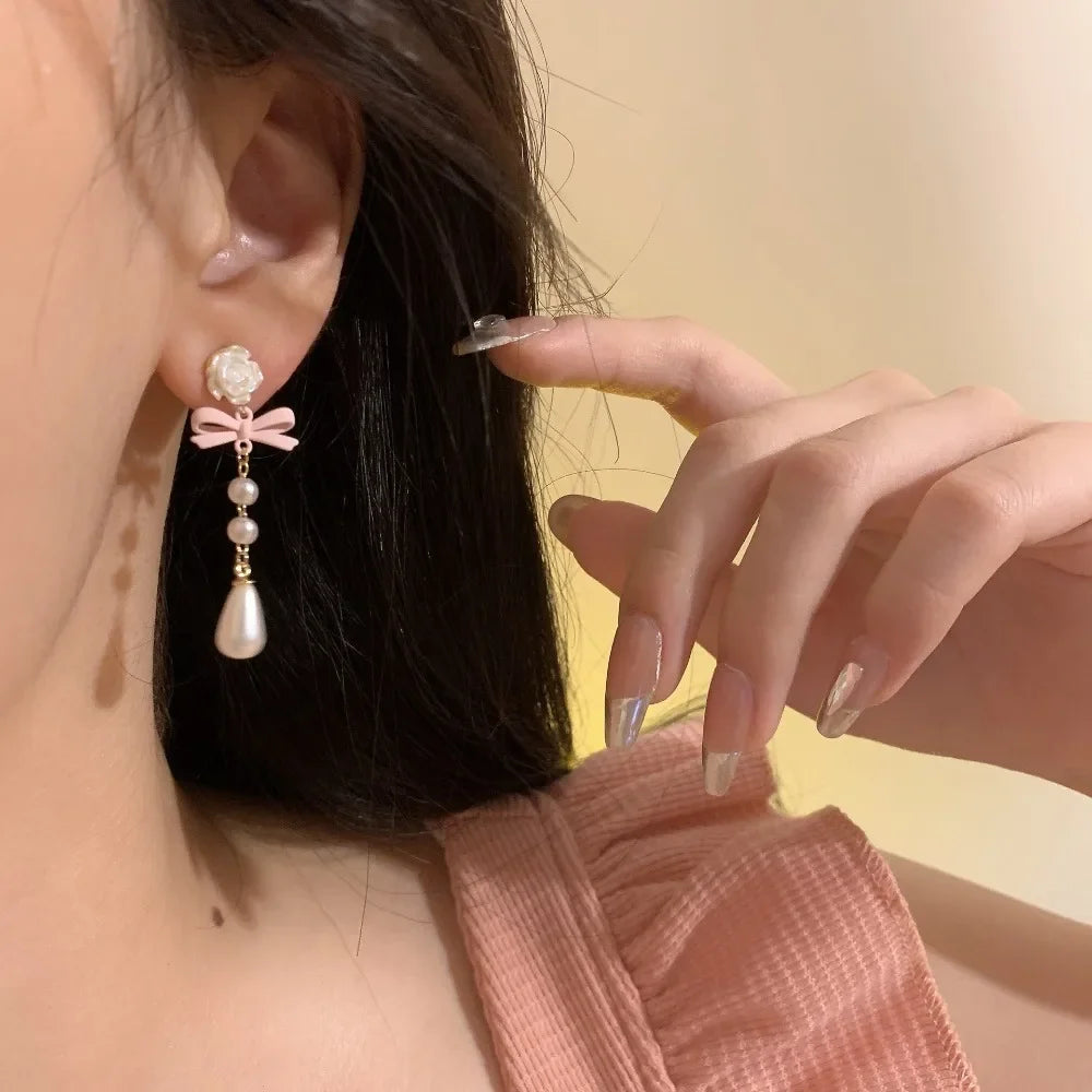 Fashion French Lovely Elegant Earring Vintage Mini Luxury Bow Heart Ear Stud Korean Style Pearl Earrings Women Drop Earrings