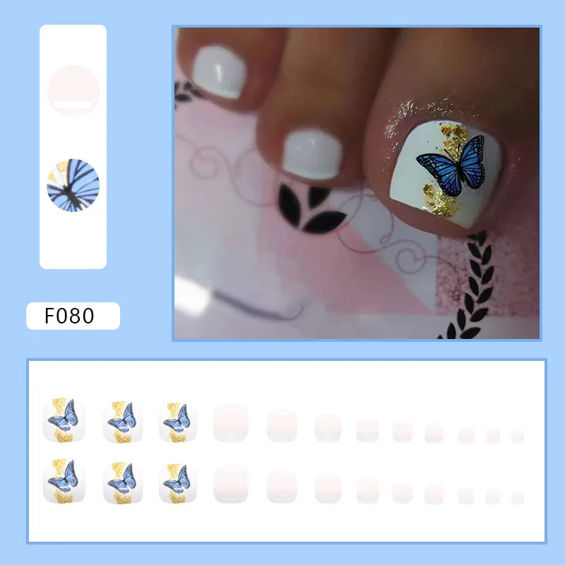 Flash Pile Drill Press on Nails Fake Nails Tips with Sticker False Toenail Design Butterfly Lovely Girl False Toenail