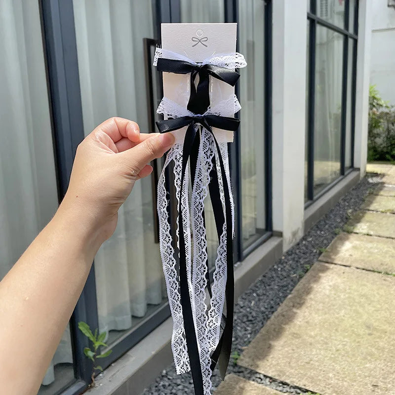 2pcs Korean Fashion Lace Bow Hairpin Women Girls Ribbon Hair Clips White Long Ribbon Bow Top Clip Female Hair Accessories Gifts