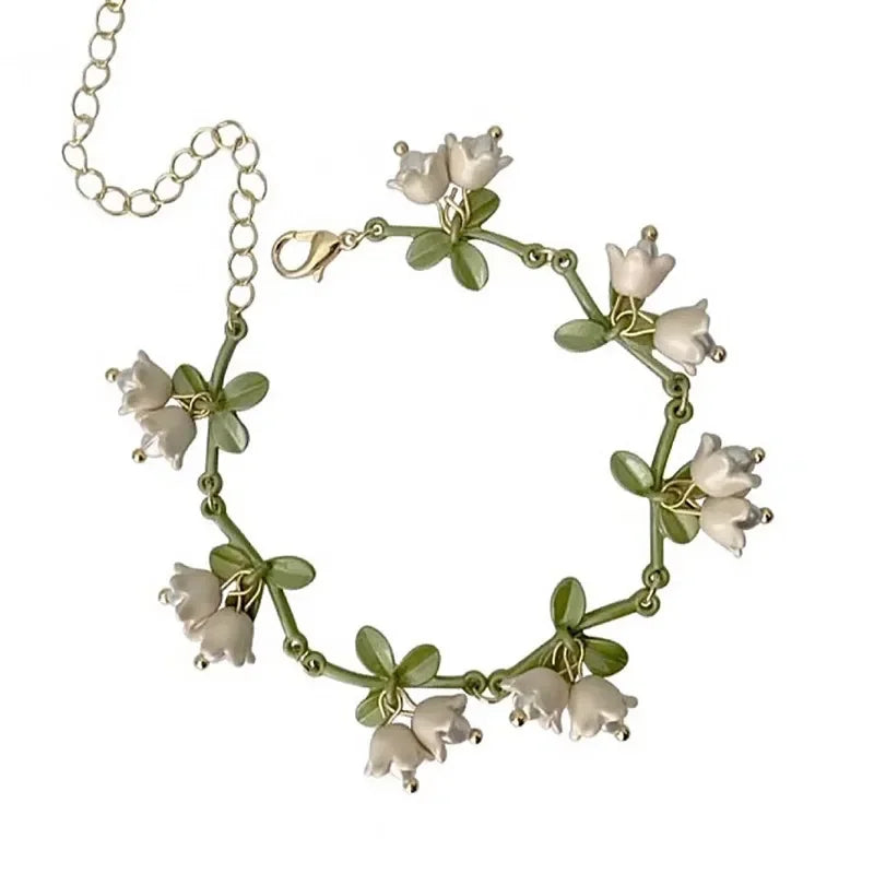 White Lily Of The Valley Bracelet Earrings Necklace Set Super Fairy Stud Earrings Girls Clavicle Chain Flower Jewelry Gifts