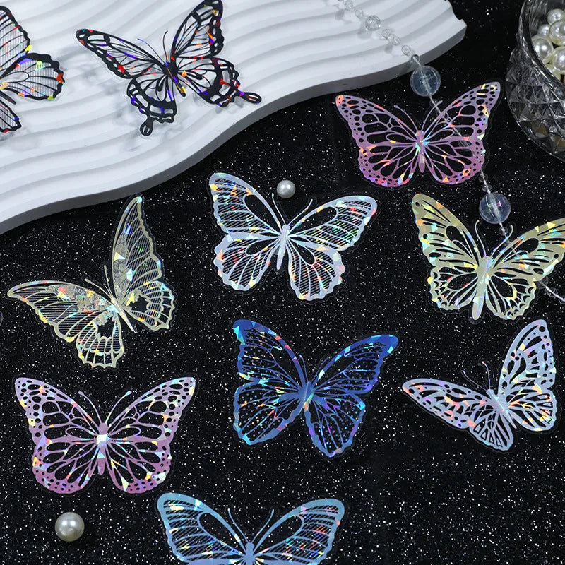 20pcs PET Butterfly Transparent Silver Color Stickers, Holographic Laser Decals for Luggage Laptop Phone Case Mug Decoration