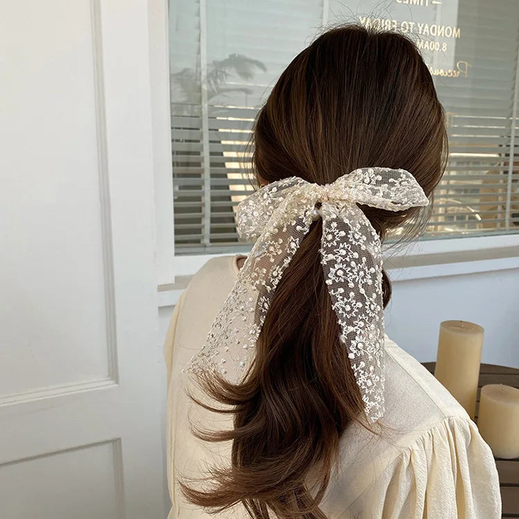 Elegant Lace Embroidery Bow Hair Ties Solid Color Retro Headdress Hair Ties Sweet Girls Princess Hair Accessories Gift