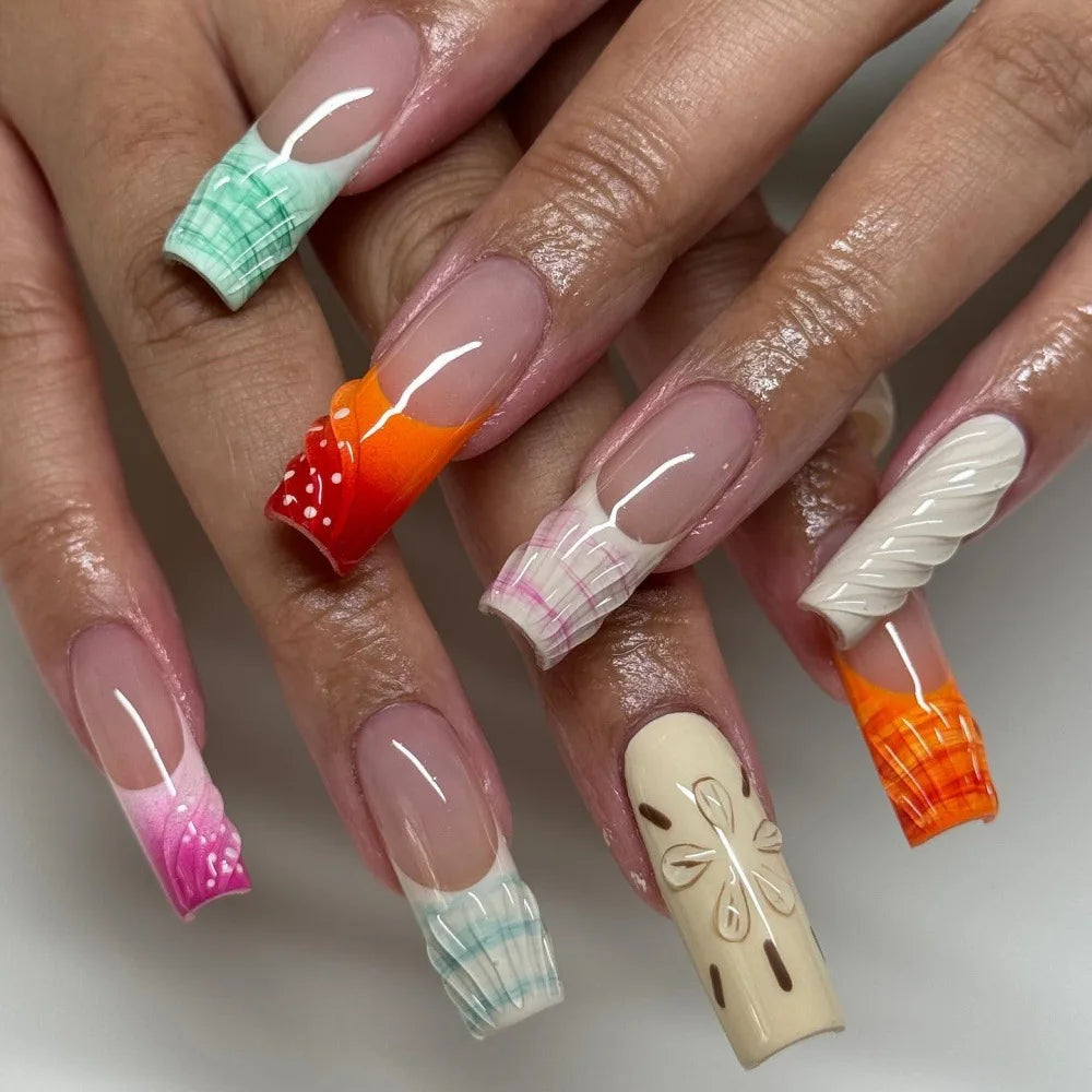 24Pcs Sweet Medium Square False Nails with Glue Blush Pink Flowers Fake Nails Full Cover French Acrylic Press on Nails for Girls