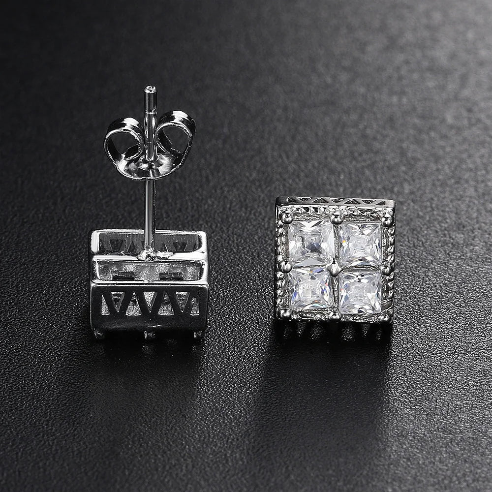 Popular Gold Color Earrings For Men Women Square Silver Color Cubic Zirconia Earings Charm Daily Wear Jewelry Push Back  OHE150